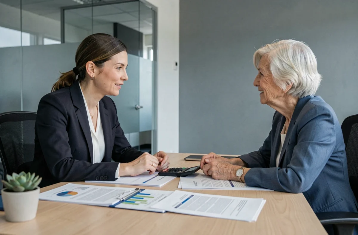 Conseillère financière expliquant la nouvelle taxe retraite à une retraitée en rendez-vous professionnel