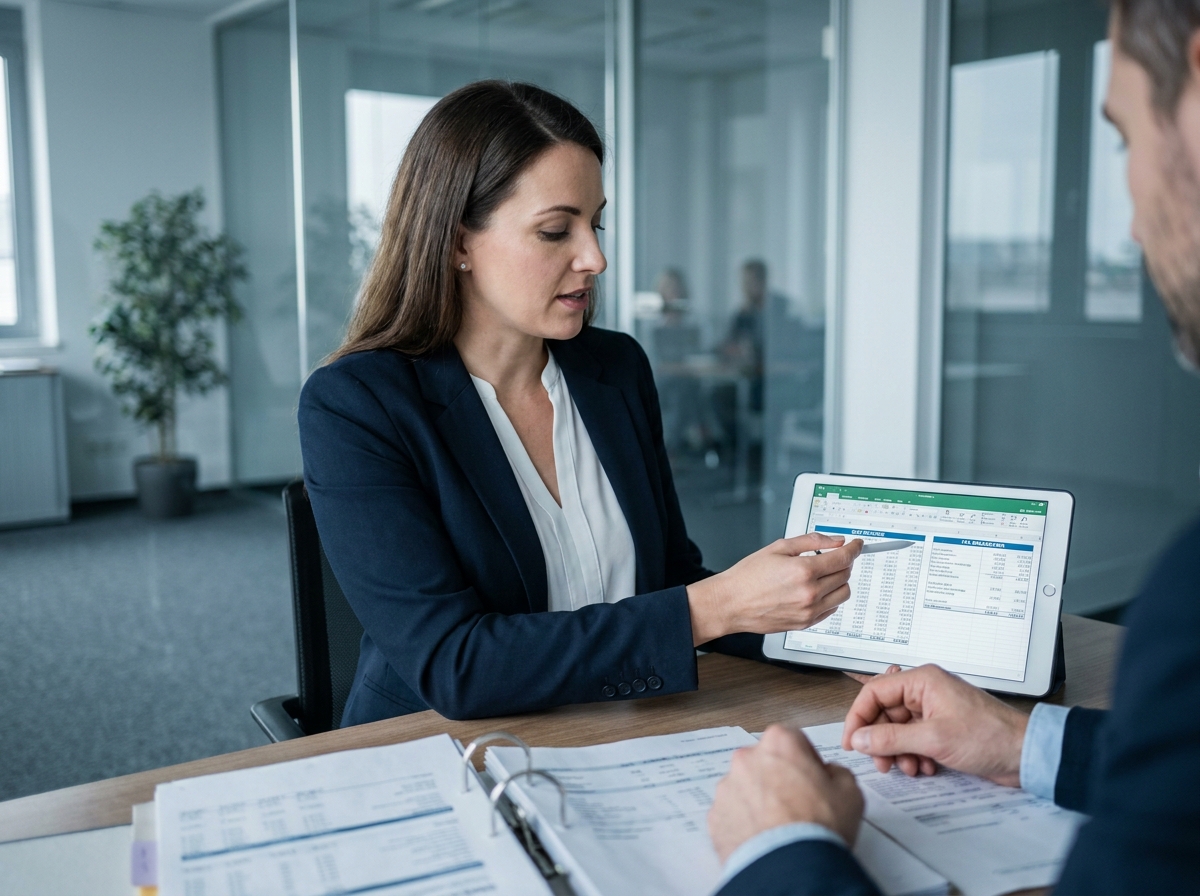 Comptable professionnelle expliquant la déclaration fiscale des SCPI à un client en cabinet comptable