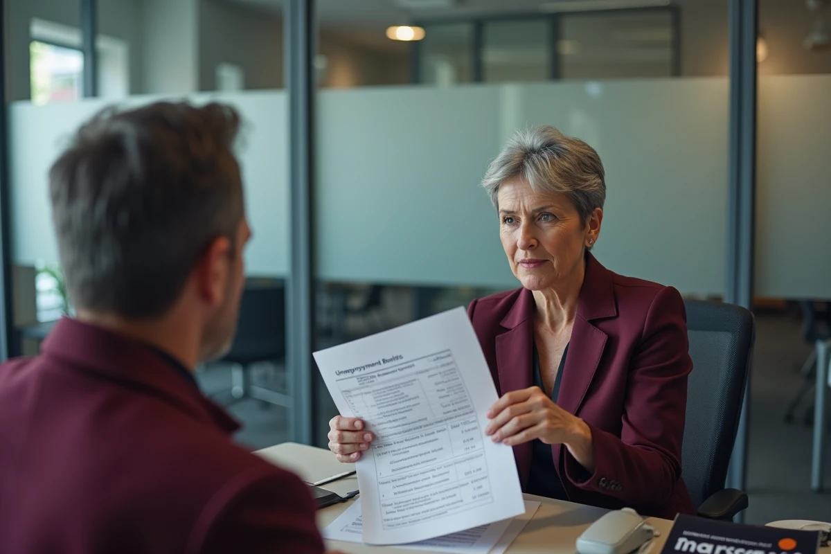 Conseillère France Travail expliquant le calcul de l'allocation chômage ARE à un demandeur d'emploi