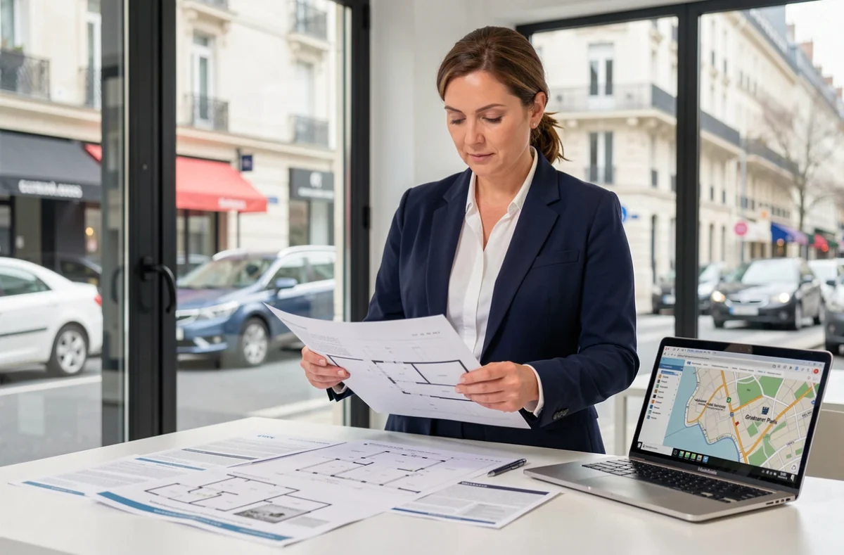 Professionnelle de l'immobilier analysant des documents d'investissement dans une agence parisienne pour une SCPI Grand Paris