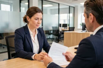 Une femme consulte un conseiller bancaire pour ses garanties mutuelle BPCE dans une agence moderne