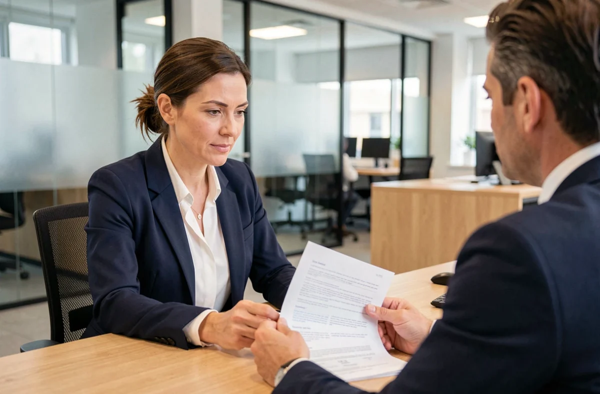 Une femme consulte un conseiller bancaire pour ses garanties mutuelle BPCE dans une agence moderne