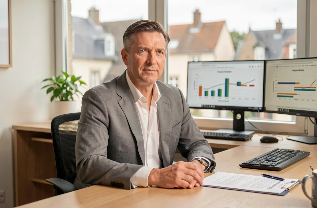 Conseiller en gestion de patrimoine de Contalim Patrimoine dans son bureau à Rouen avec des outils d'analyse financière