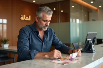 Homme marocain comparant des billets en euros et en dirhams marocains dans une banque moderne au Maroc