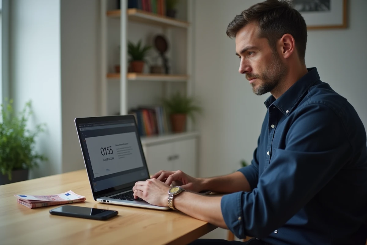 Homme consultant un site de conversion de devises euros en dollars sur un ordinateur portable