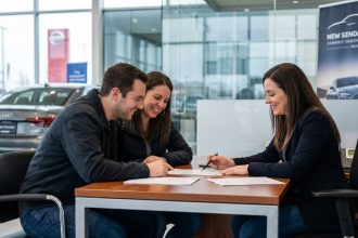 Jeune couple souriant lors de l'achat de voiture en concession