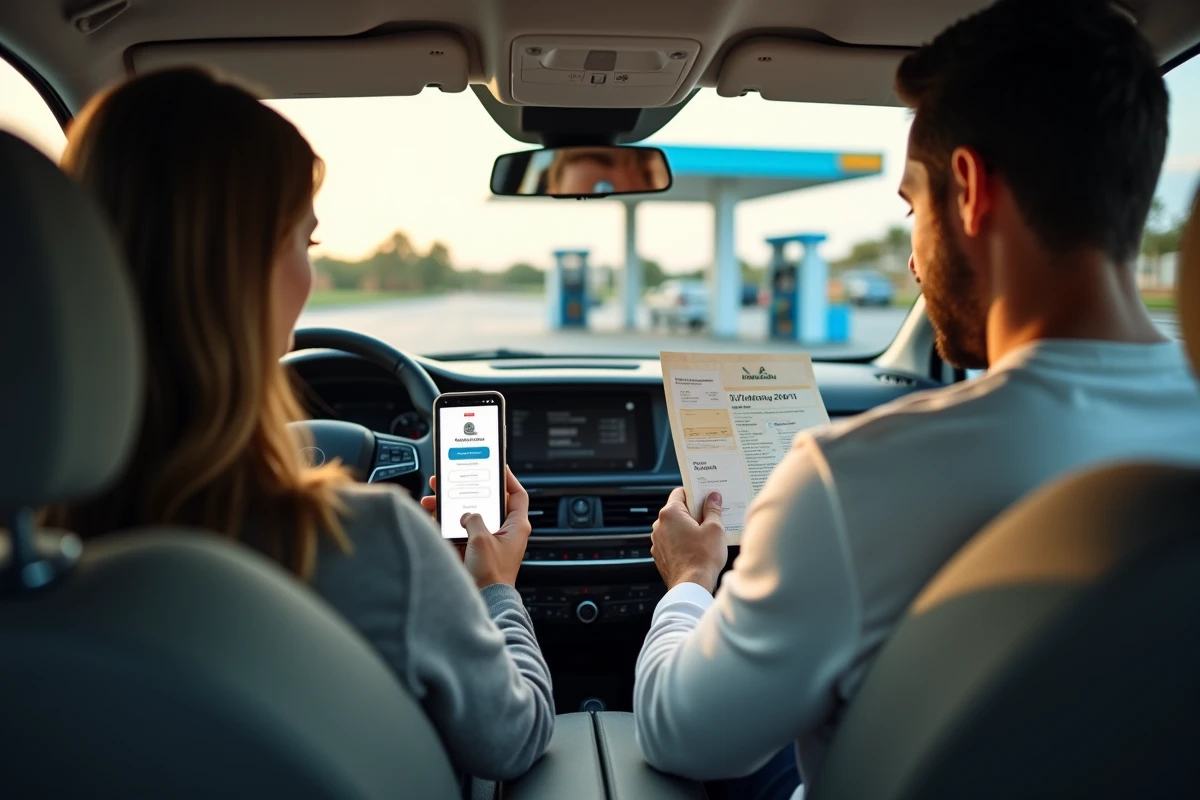Couple dans une voiture à la station-service consultant l'application ANCV et des chèques vacances papier pour résoudre un refus de paiement