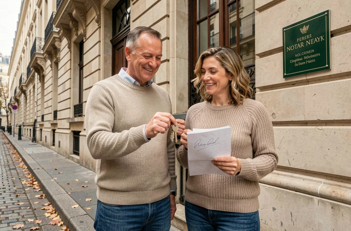 Un couple sourit devant une étude notariale après avoir finalisé leur prêt immobilier grâce au droit à l'oubli en assurance