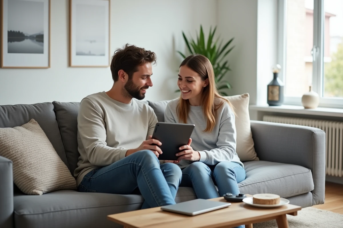 Couple comparant les options bancaires sur une tablette dans un salon moderne et lumineux