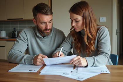 Couple discutant de contrats d'assurance maison dans la cuisine