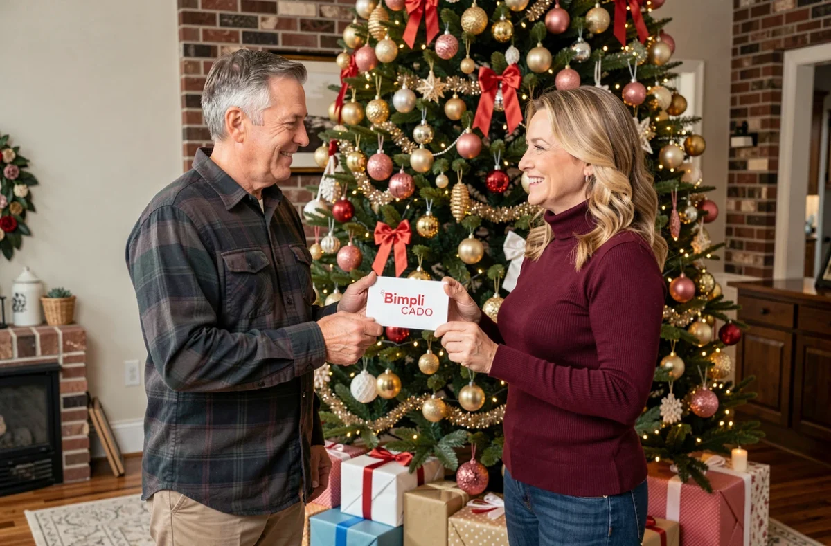 Couple échangeant une carte cadeau Bimpli CADO devant un sapin de Noël décoré dans un salon
