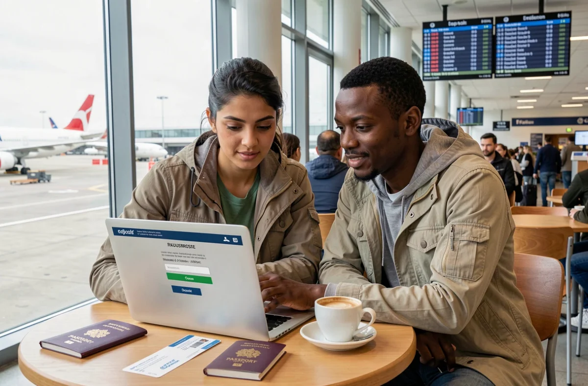 Un couple étranger souscrivant une assurance voyage en ligne dans un aéroport français