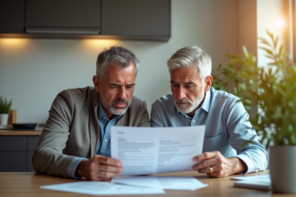 Couple inquiet à la maison examine documents de prêt immobilier