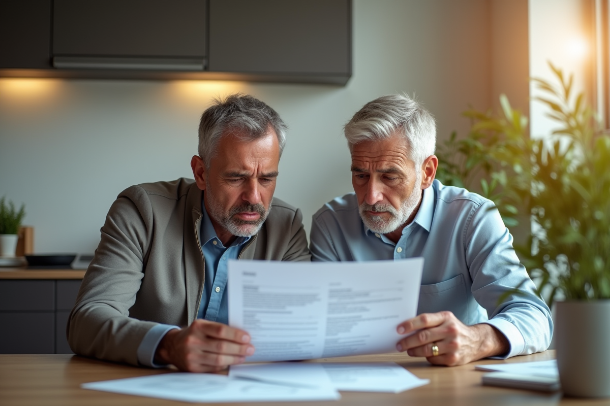 Couple inquiet à la maison examine documents de prêt immobilier