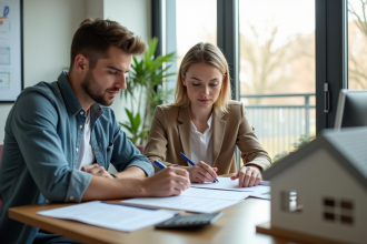 Jeune couple discutant d'un prêt immobilier avec un conseiller