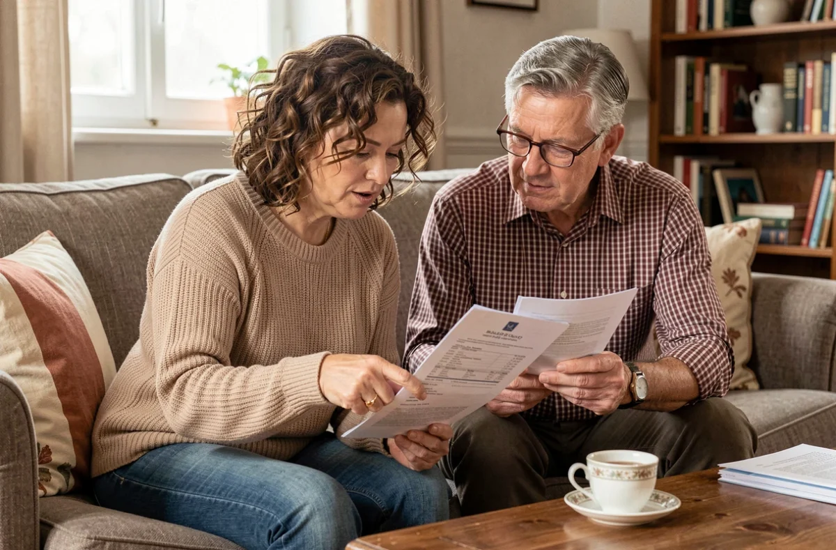 Couple examinant ensemble les relevés bancaires et courrier officiel concernant le calendrier de paiement de pension d'invalidité