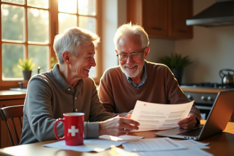 Couple retraité souriant discutant finances à la cuisine