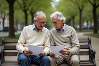 Couple retraité dans un parc parisien détendu