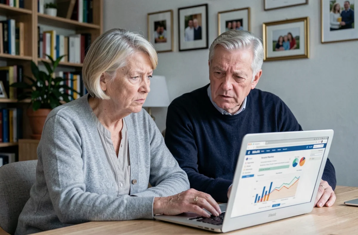 Couple de retraités consultant ensemble un site de planification financière sur un ordinateur portable