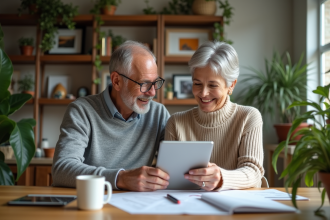 Couple de seniors souriants discutant finances à la maison