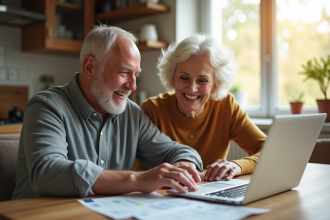 Couple senior souriant avec documents financiers et ordinateur