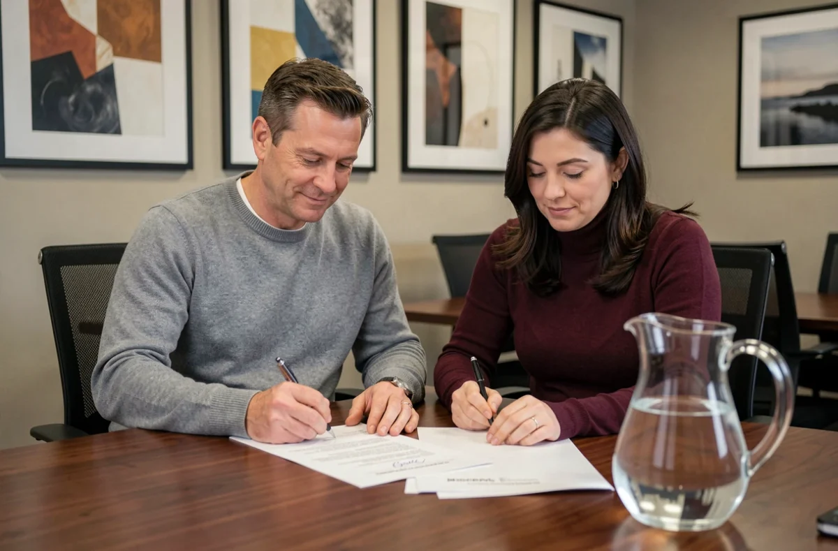 Un couple signe les documents de renégociation de leur crédit immobilier avec satisfaction dans une salle de réunion bancaire