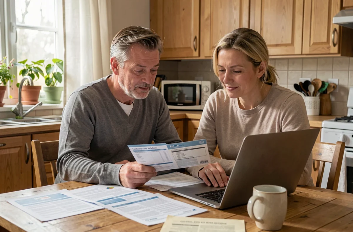 Un couple examine les tarifs et garanties de la mutuelle BPCE à domicile avec une brochure et un ordinateur