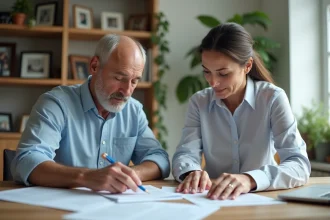 Couple d'adultes traitant des documents à la maison