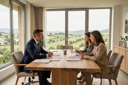 Courtier en crédit immobilier conseillant un couple dans un bureau professionnel dans la Drôme