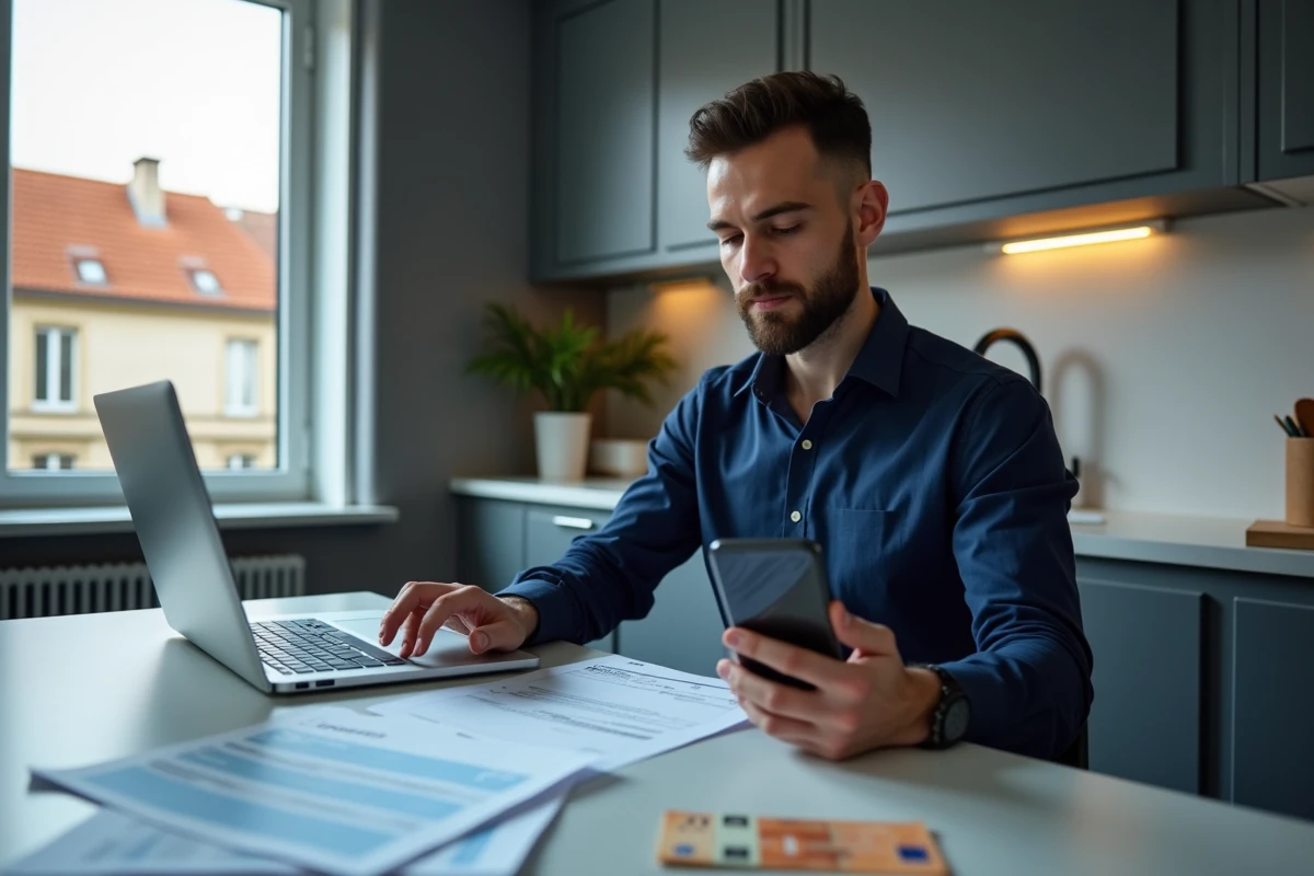 Homme en télétravail remplissant une déclaration fiscale transfrontalière entre la France et la Suisse depuis son appartement