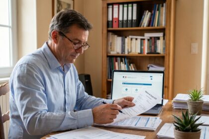Homme adulte remplissant sa déclaration fiscale SCPI sur des formulaires papier devant un ordinateur portable
