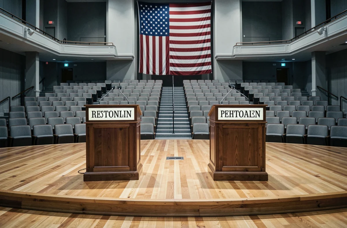 Deux podiums vides sur une scène officielle américaine avec drapeaux en arrière-plan, symbolisant le débat entre deux candidats politiques sur leur fortune et patrimoine respectifs