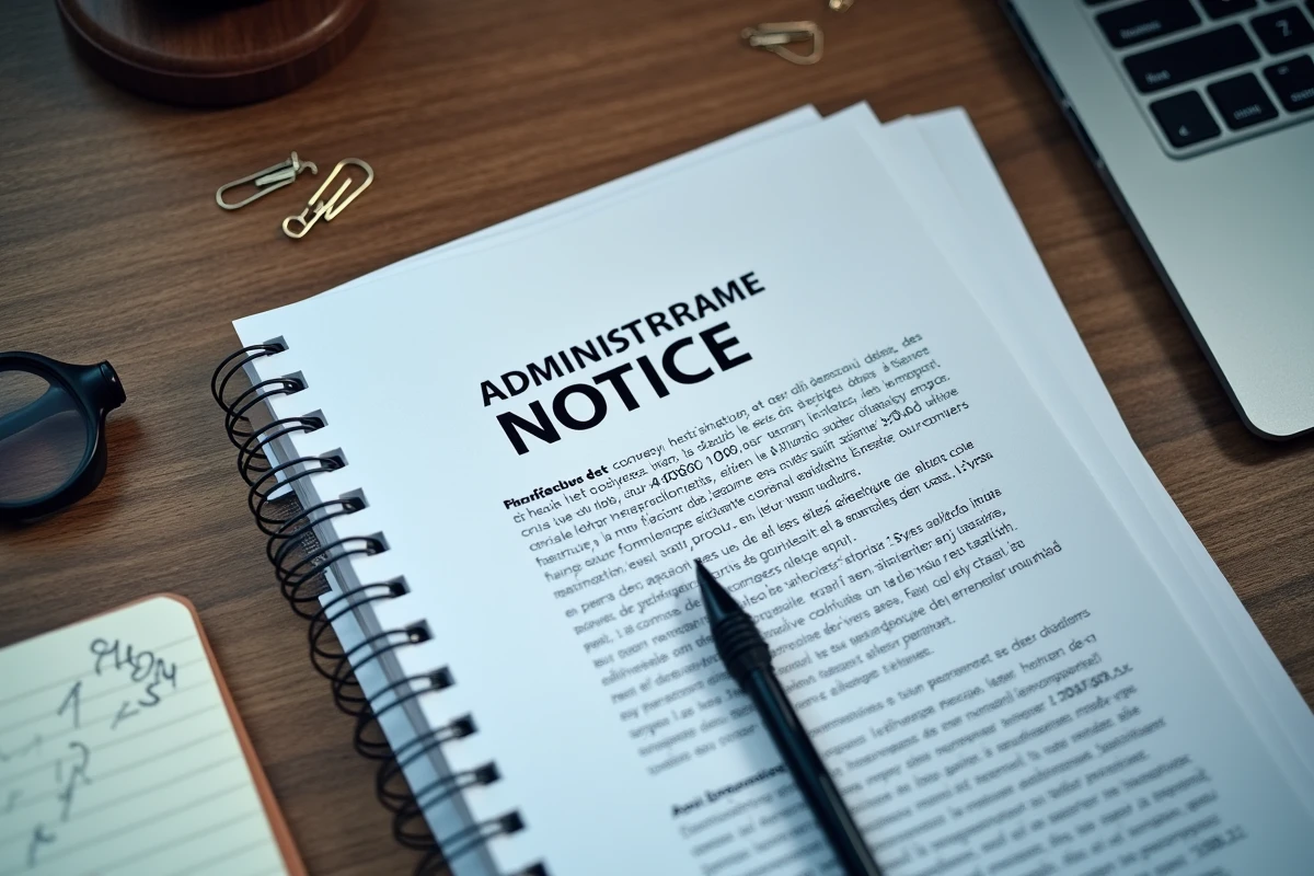 Vue aérienne d'un bureau avec avis de créance imprimé, notes manuscrites et questions sur la légitimité du service