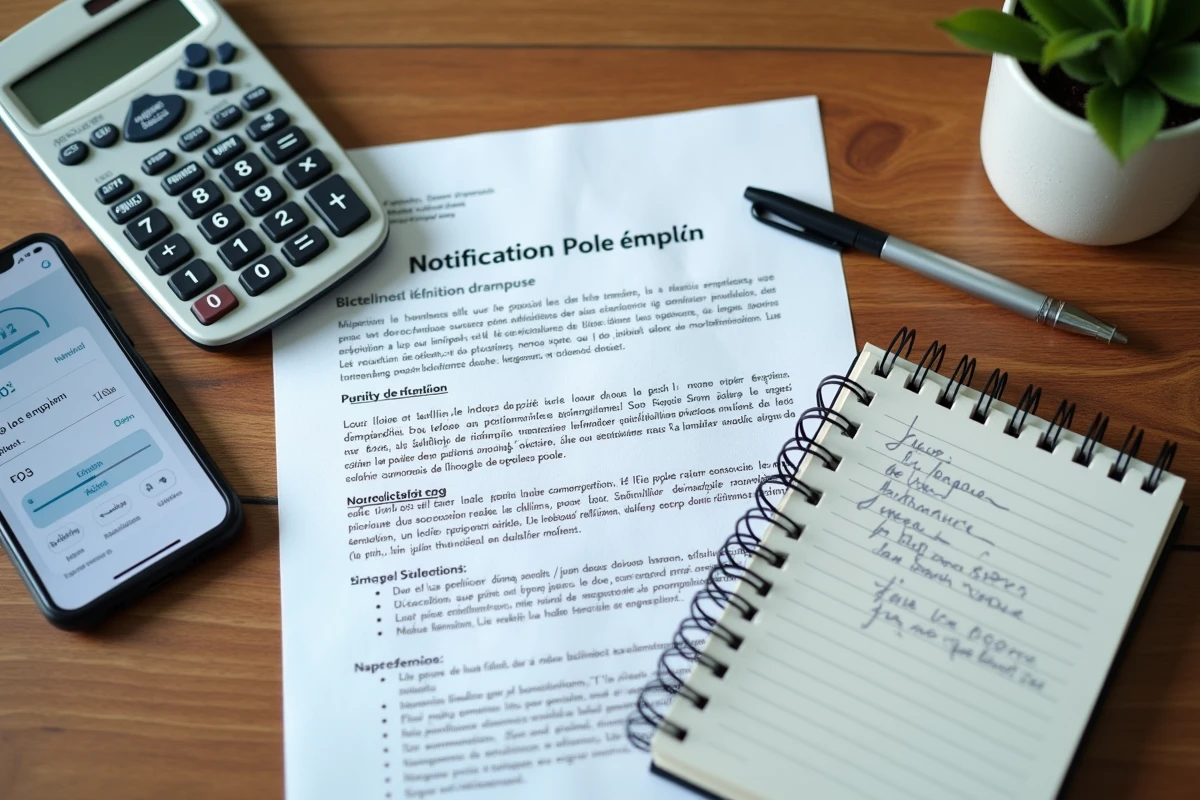 Vue aérienne d'un bureau avec lettre de radiation Pôle emploi, calculatrice et smartphone affichant un solde bancaire réduit