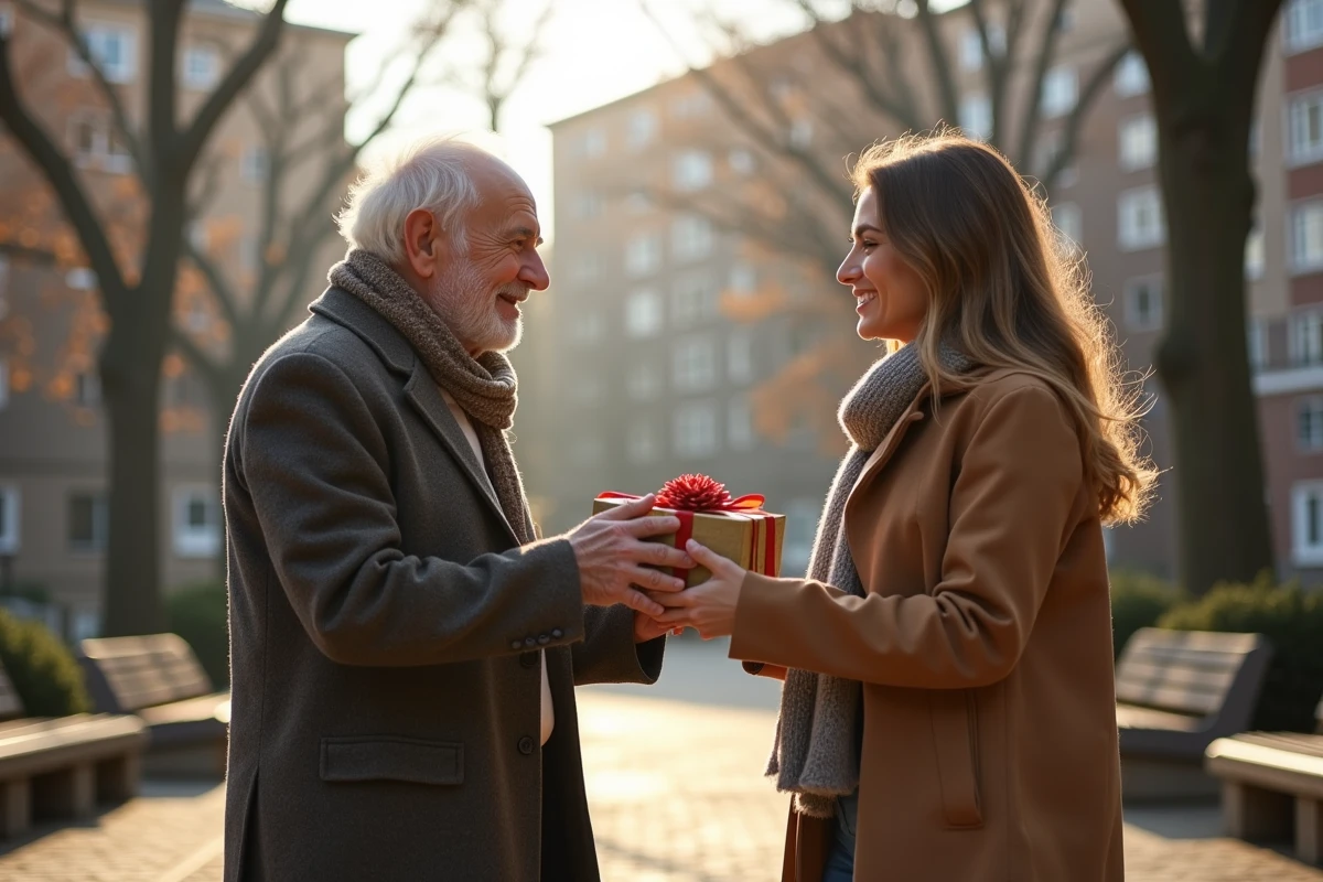 Homme âgé offrant un cadeau à une jeune femme dans un parc urbain