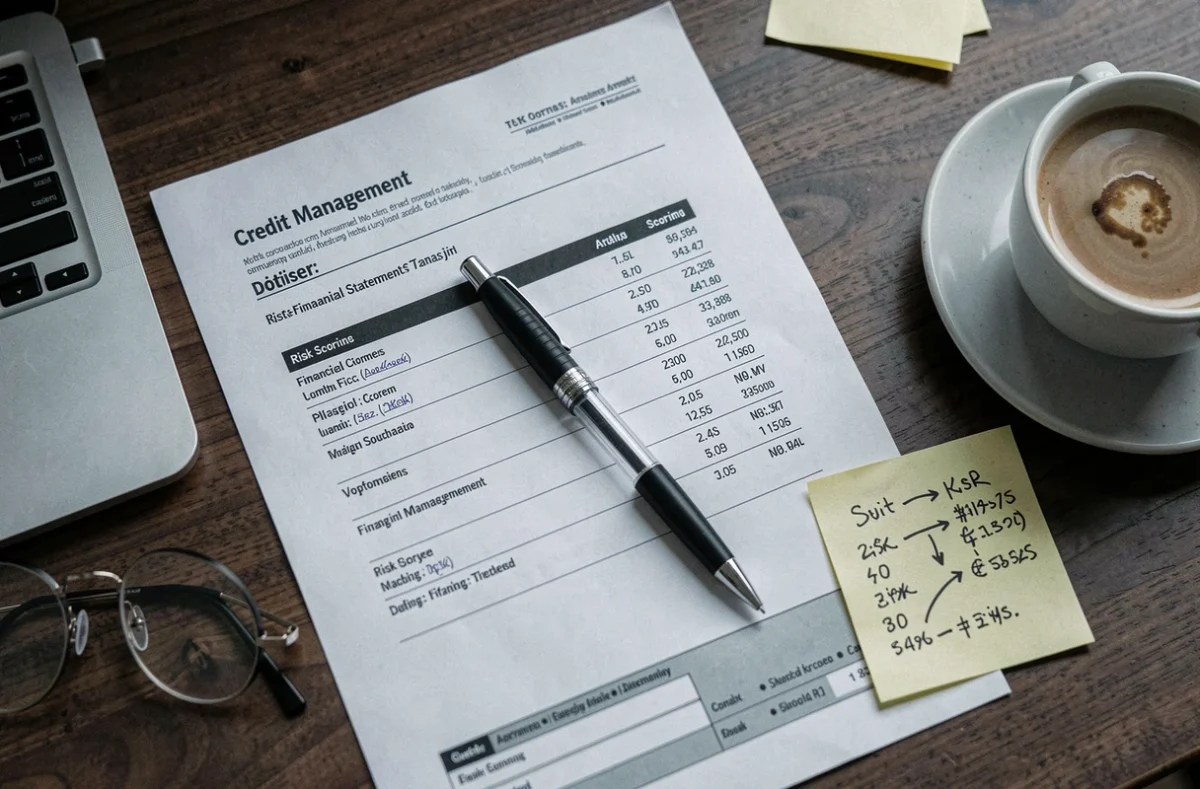 Vue aérienne d'un dossier de gestion du crédit avec formulaires de scoring, notes manuscrites et documents financiers
