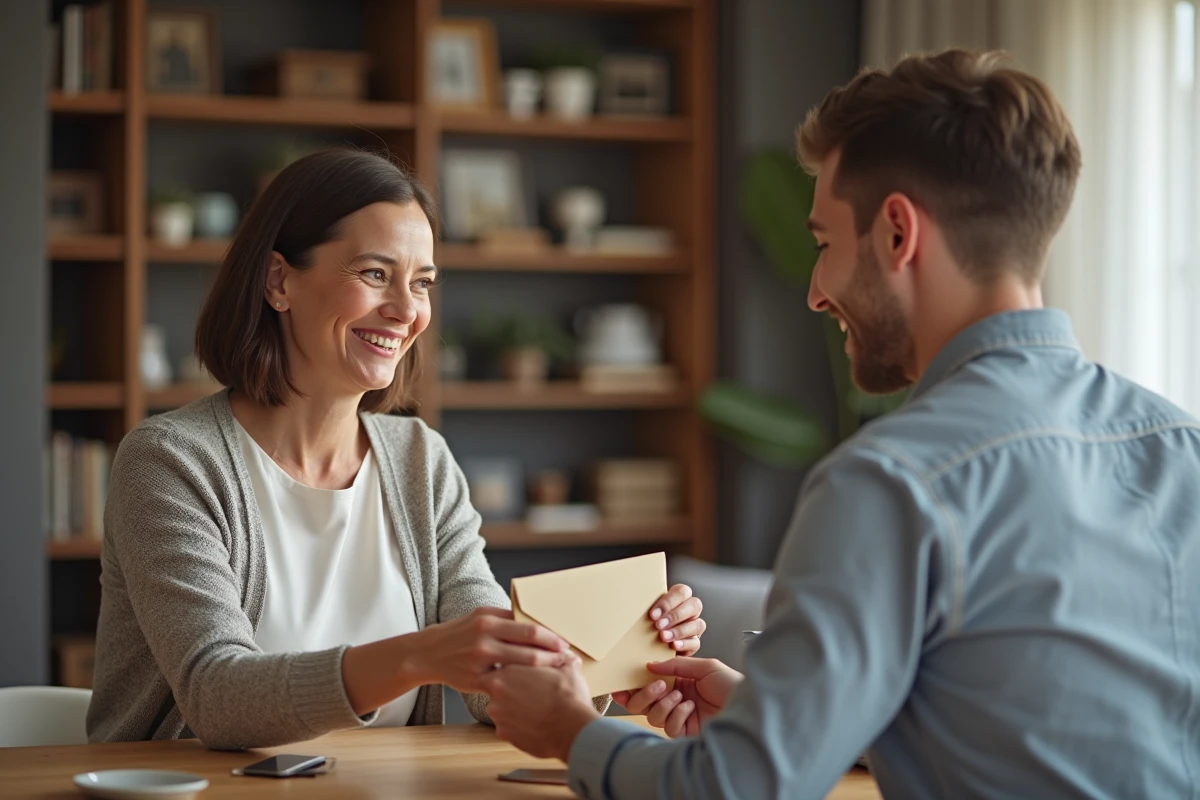 Femme et jeune homme échangeant un cadeau dans un salon