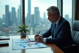 Economiste homme en costume analysant des graphiques mondiaux