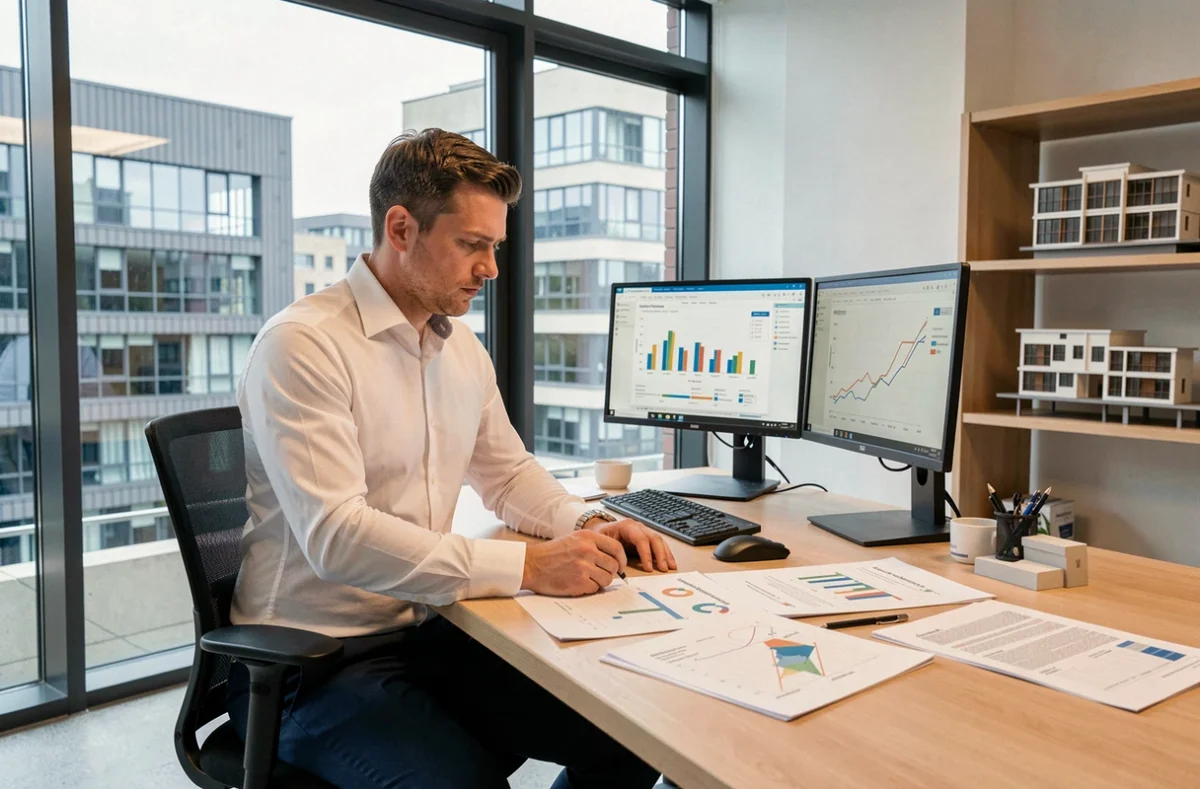 Consultant d'Edos Investissements analysant des dossiers immobiliers et financiers dans un bureau contemporain