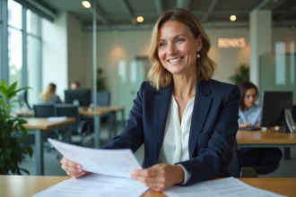 Employée du Crédit Agricole Côtes d'Armor consultant les avantages salariés de son CSE à son bureau
