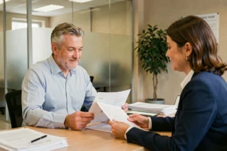 Un emprunteur discute de son droit à l'oubli avec une conseillère en assurance dans une agence bancaire moderne