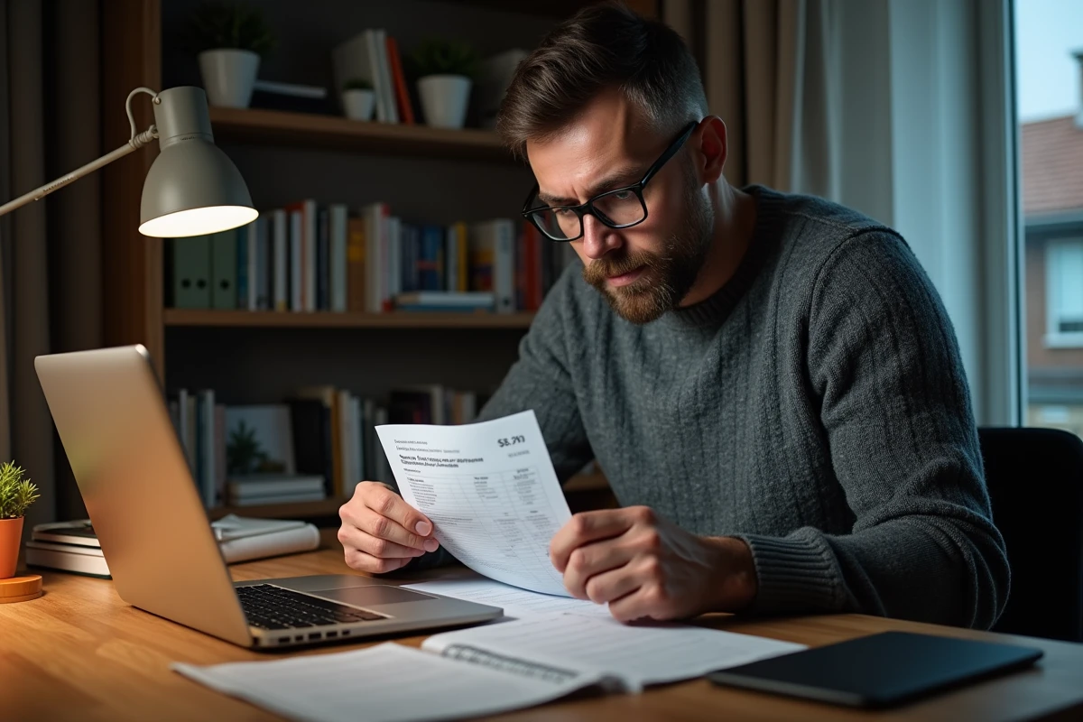 Enseignant qui compare ses fiches de paie à son bureau à domicile avec un ordinateur portable ouvert