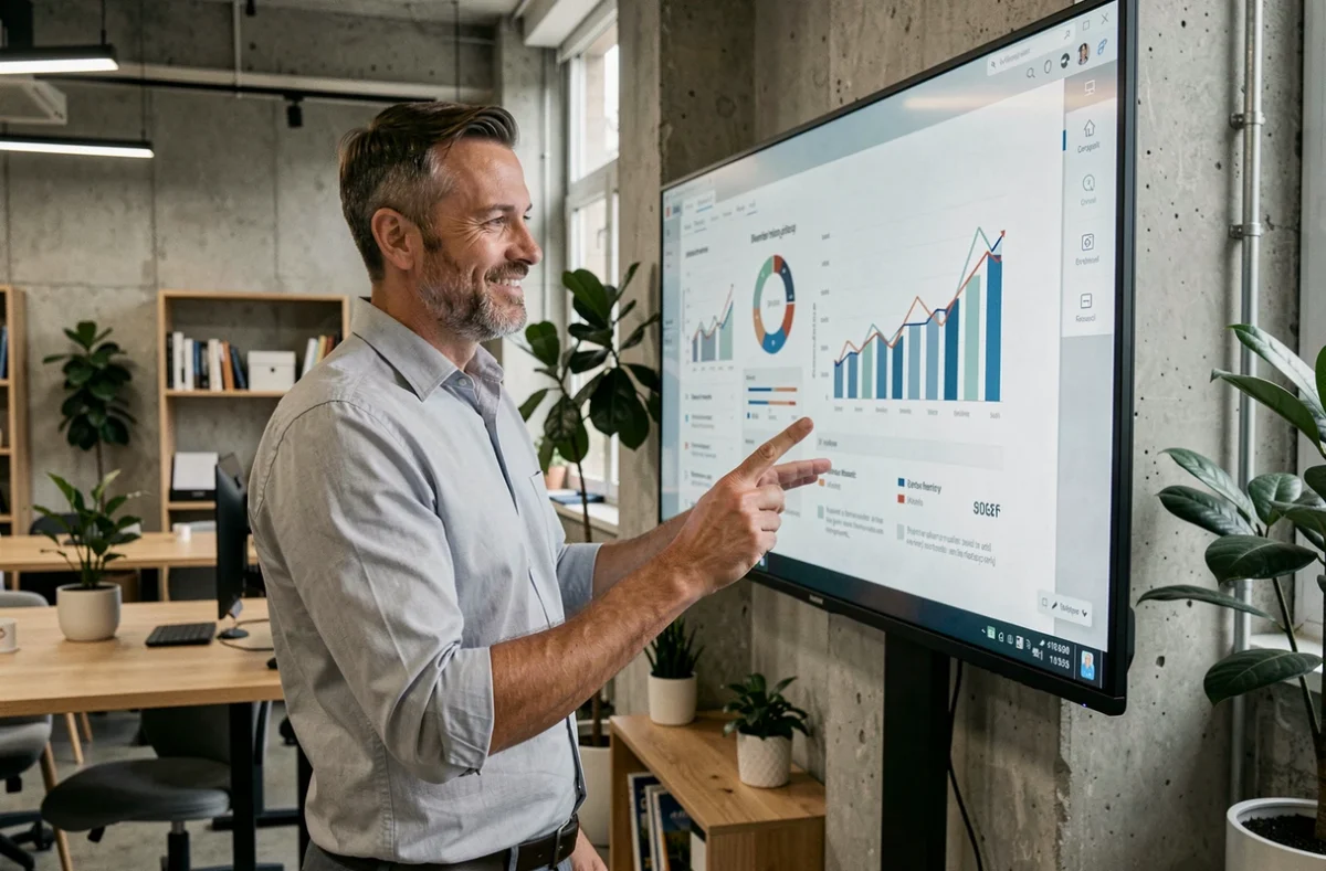 Entrepreneur analysant des graphiques de croissance financière sur un écran interactif dans un espace de coworking moderne