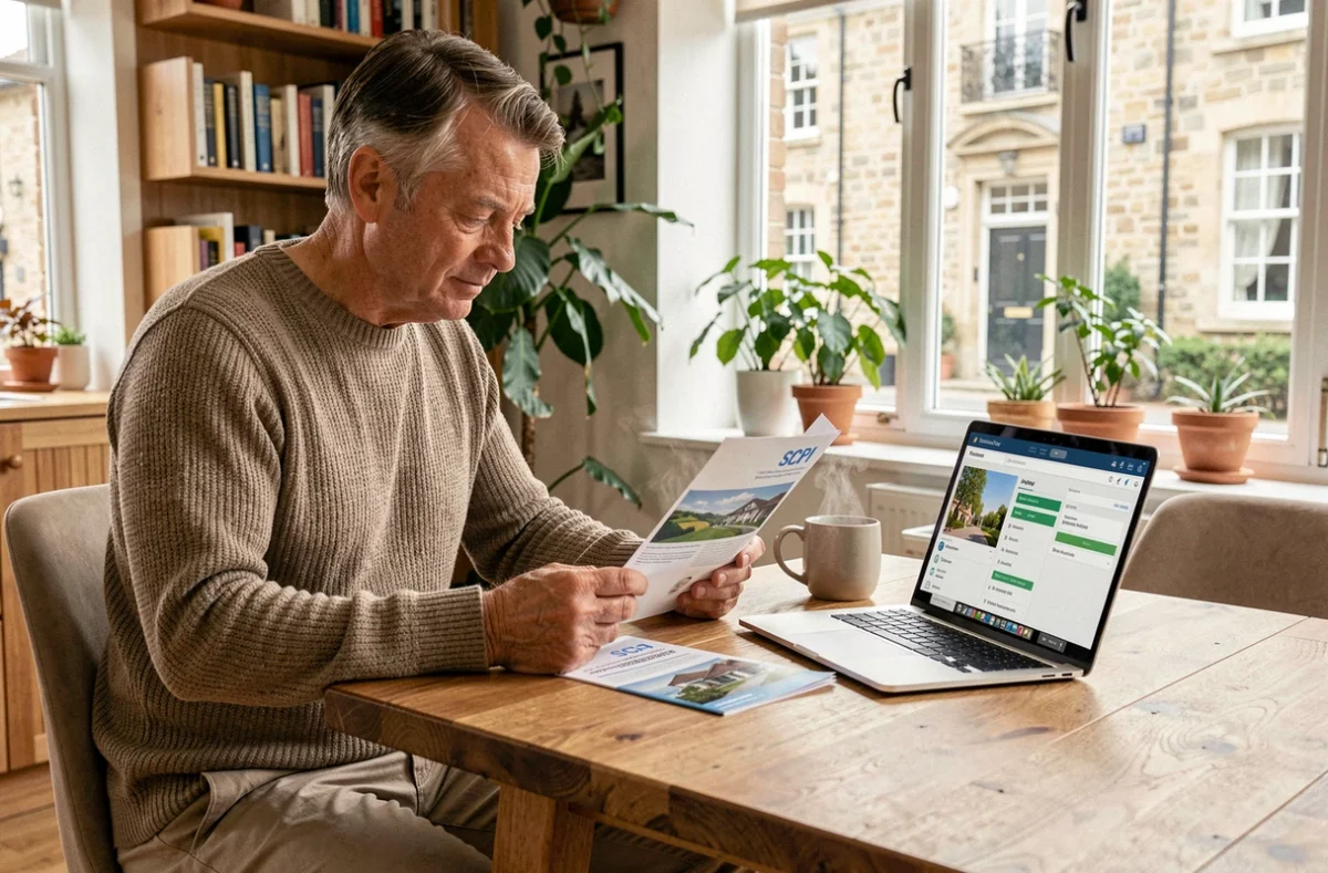 Épargnant particulier étudiant une brochure de SCPI européenne chez lui avec un café et un ordinateur portable