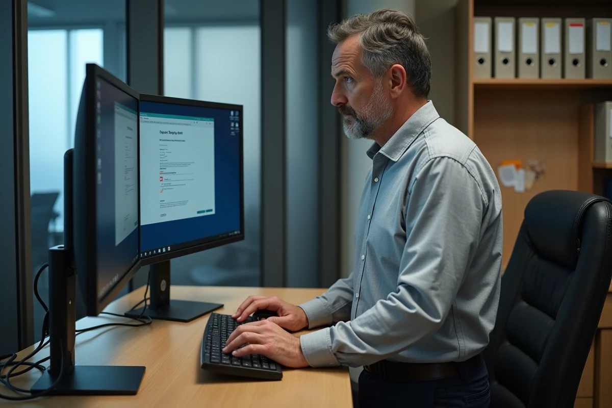 Homme en train de taper sur un clavier face à un message d'erreur de connexion sur un portail bancaire institutionnel