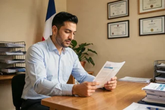 Un homme étranger examinant un contrat d'assurance voyage dans un bureau administratif français