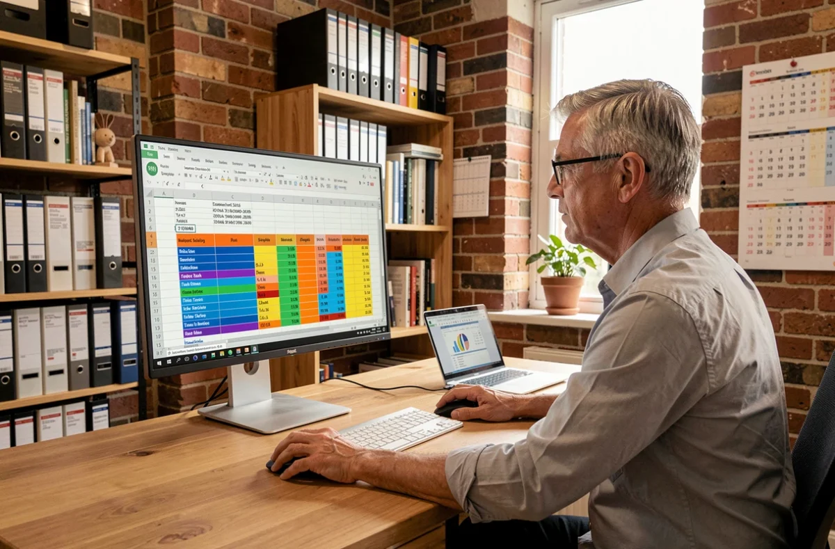 Homme utilisant un fichier Excel TVS 2026 sur grand écran dans un bureau à domicile