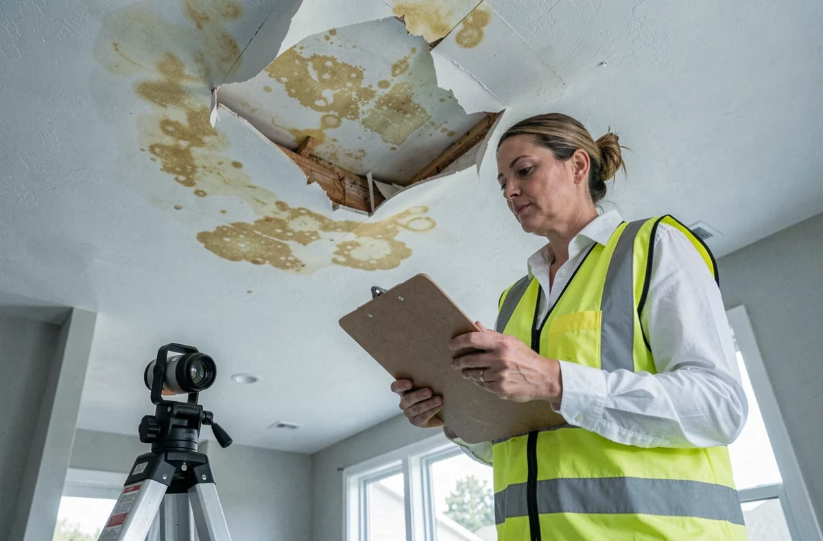Experte en bâtiment inspectant des dégâts d'humidité au plafond dans le cadre d'un sinistre décennal