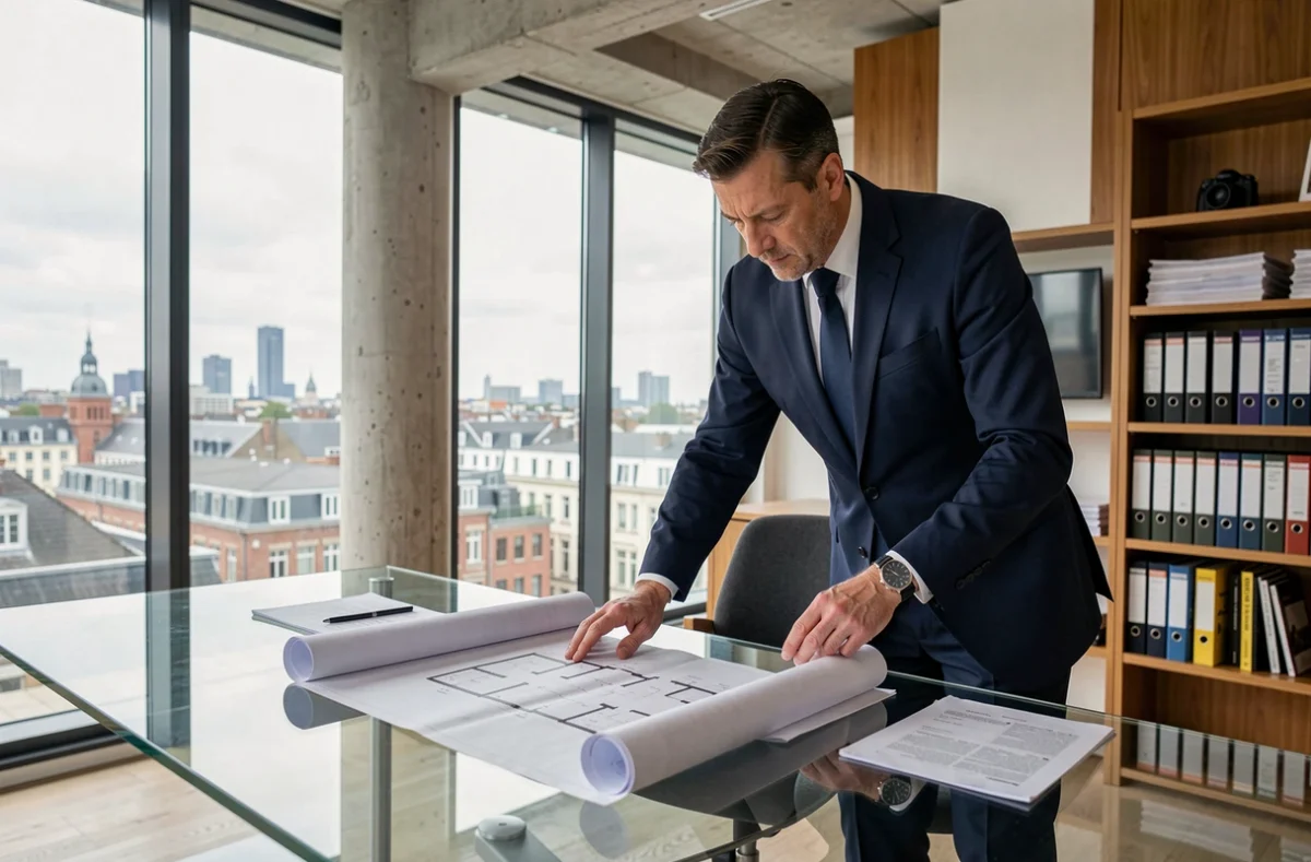 Expert immobilier dans le Nord consultant des plans et documents dans un bureau moderne avec vue sur Lille