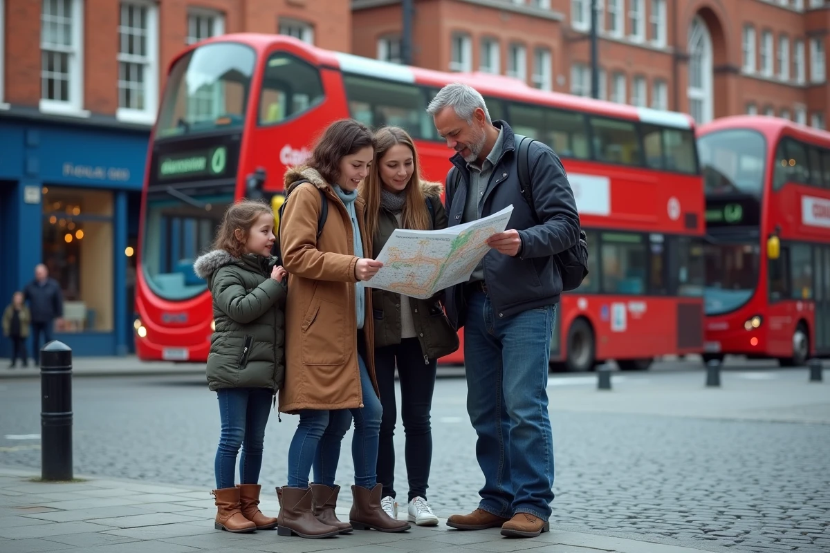 Famille en balade dans une rue animée de Dublin